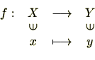 \begin{displaymath}
\begin{array}{rccc}
f:& X & \longrightarrow & Y  [-4pt]
&...
...tatebox{90}{$\in$}  [-4pt]
& x & \longmapsto & y
\end{array}\end{displaymath}