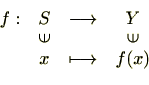 \begin{displaymath}
\begin{array}{rccc}
f:& S & \longrightarrow & Y  [-4pt]
&...
...ebox{90}{$\in$}  [-4pt]
& x & \longmapsto & f(x)
\end{array}\end{displaymath}